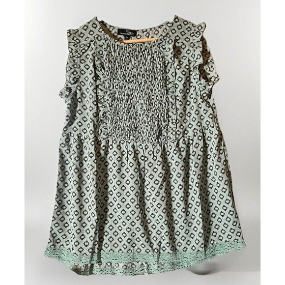 Suzanne Betro BLUE SMOCKED EMPIRE-WAIST TUNIC Sleeveless Prairie Cottagecore  L - Picture 1 of 7